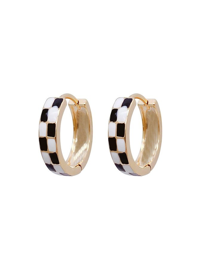 POYAMUSE Checkered Hoop Earrings for Women, Black White Checker Small Hoop Earrings Plated with 16K Gold for Women - Gold - Image 1